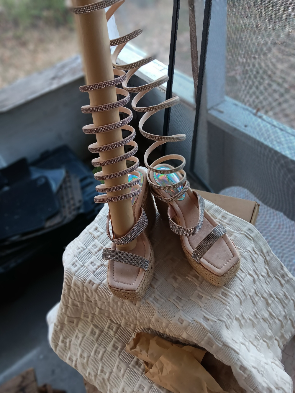 Fashion Nova Rose Gold Rhinestone Wrap Wedge Sandals